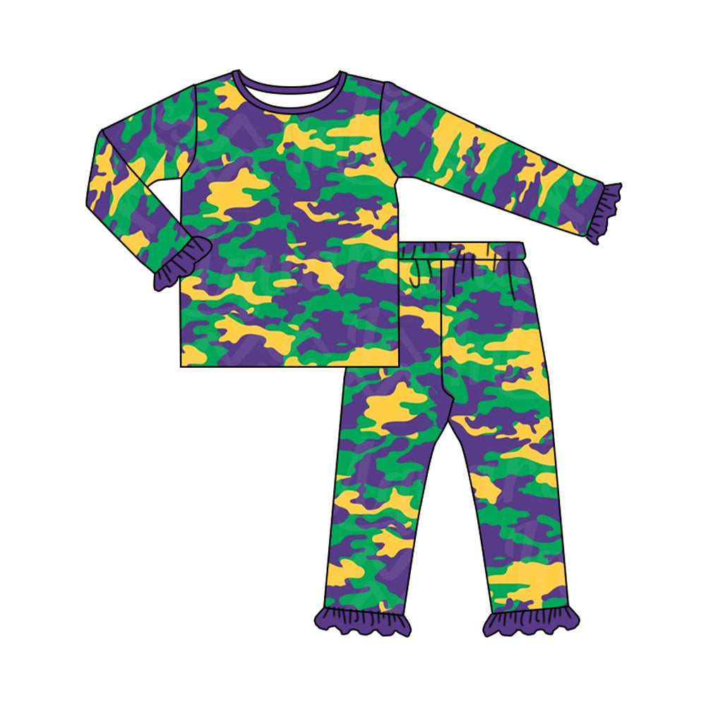 Purple yellow green camo kids girls mardi gras pajamas