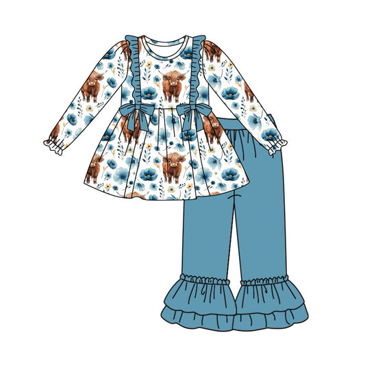 Highland cow floral tunic blue pants girls clothing set