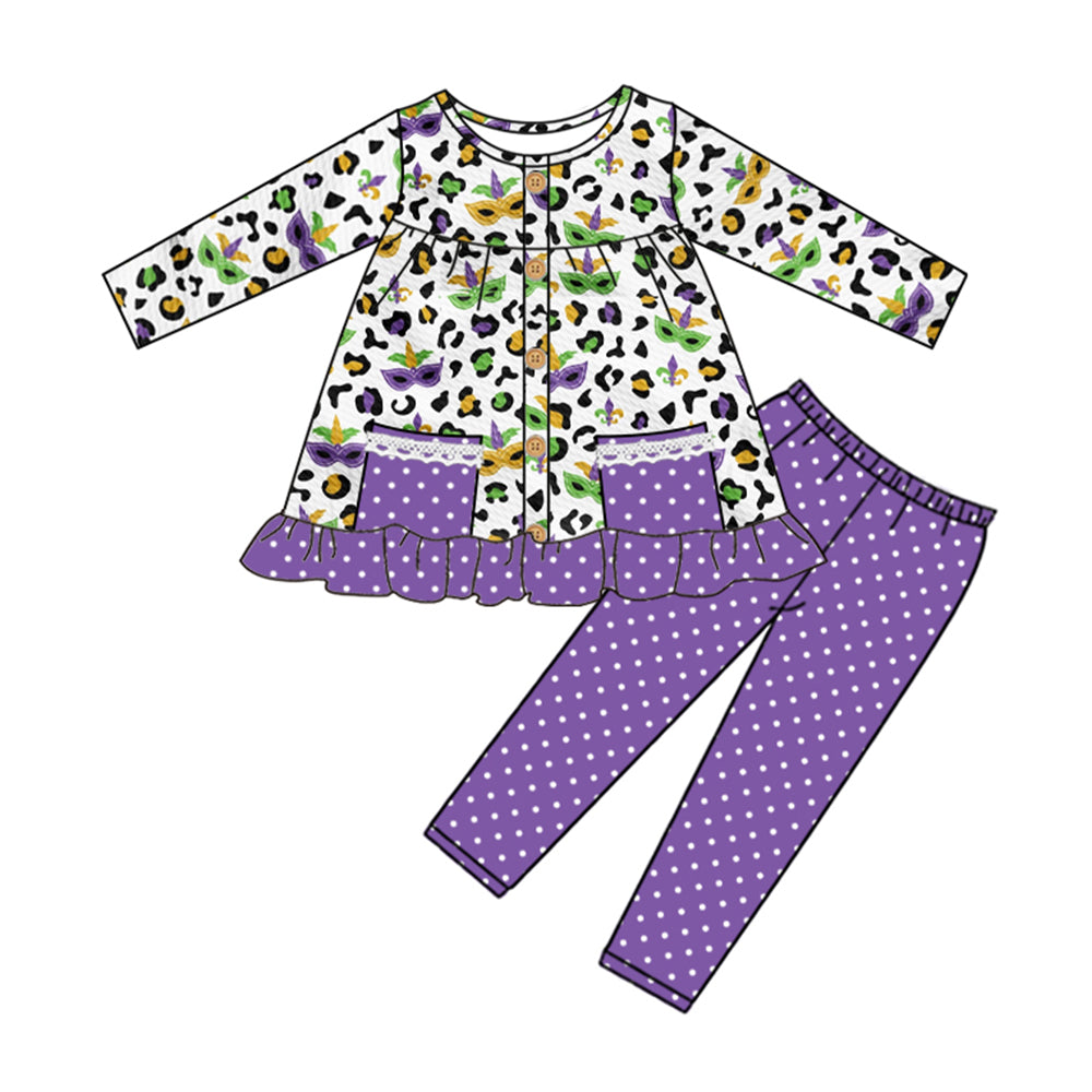 Leopard pockets ruffle tunic leggings girls mardi gras set