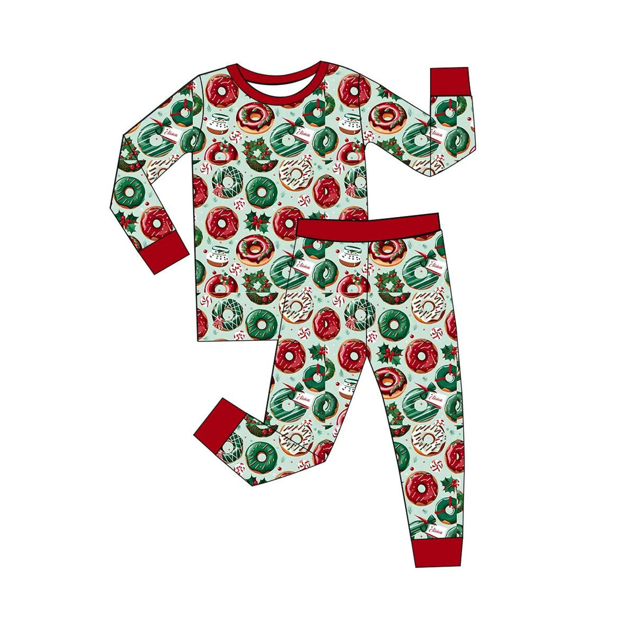 Red green donut long sleeves girls Christmas pajamas