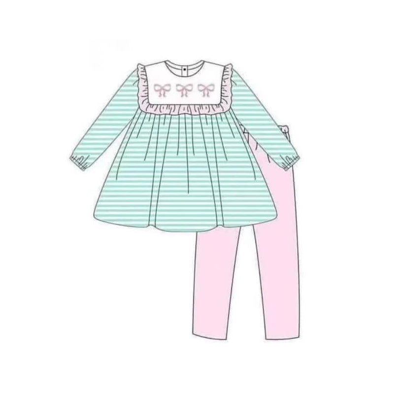 Green stripe bow tunic pink leggings girls clothing set