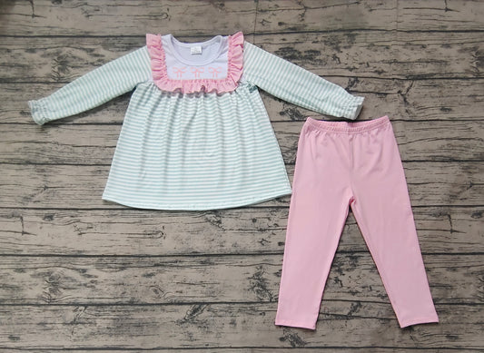 Green stripe bow tunic pink leggings girls clothing set