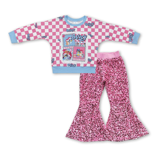 Pink plaid dog top sequin pants girls Christmas outfits