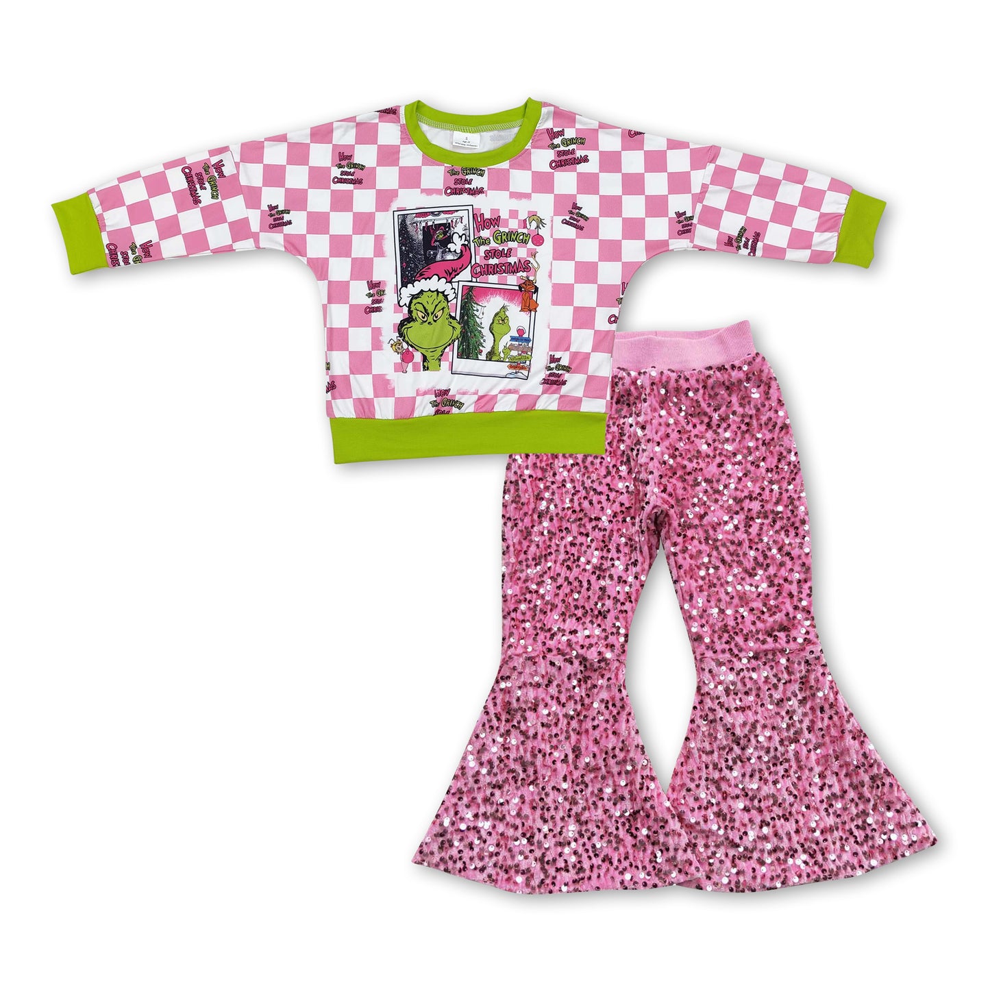 Pink plaid green face top sequin pants girls Christmas outfits