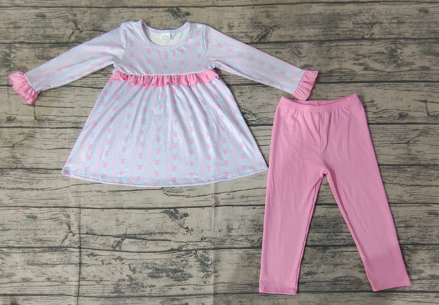 Pink bow long sleeves tunic leggings girls clothing set