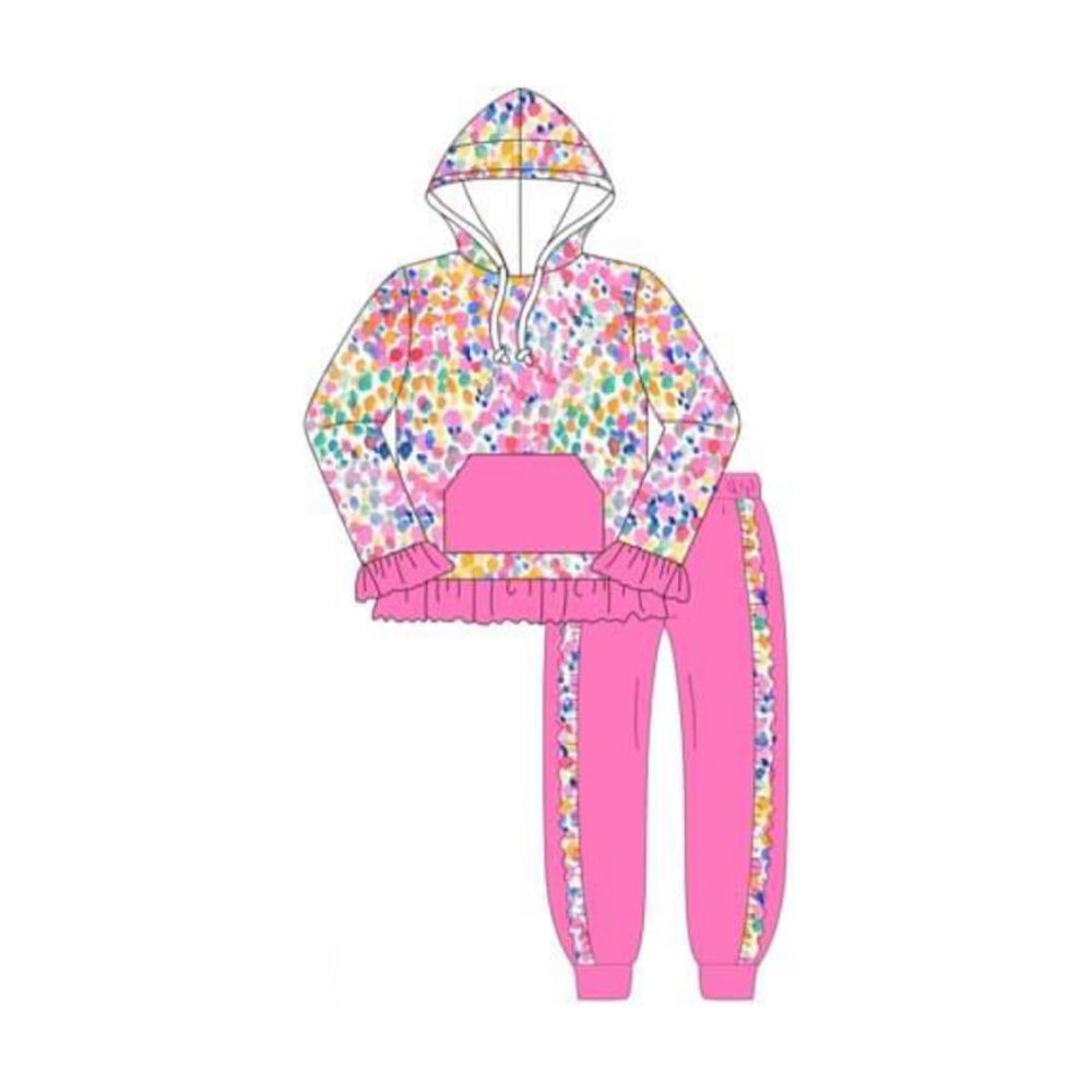 Pink pocket colorful hoodie ruffle pants girls clothes