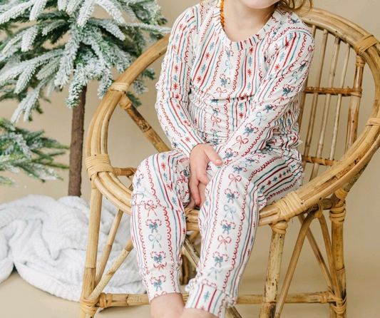 Long sleeves candy cane bow baby kids Christmas pajamas