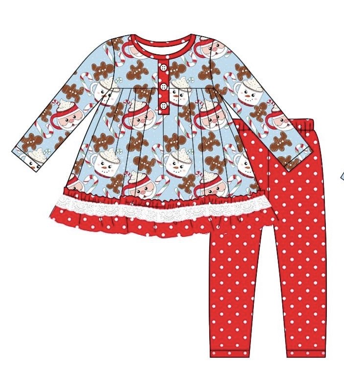 Gingerbread santa tunic polka dots leggings girls Christmas set