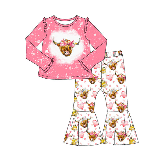 Bleached top highland cow heart kids girls valentine's outfits