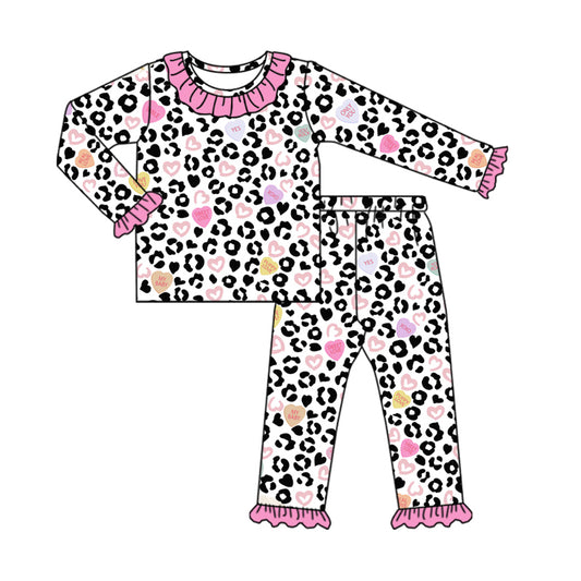 Pink ruffle leopard heart kids girls Valentine's day pajamas