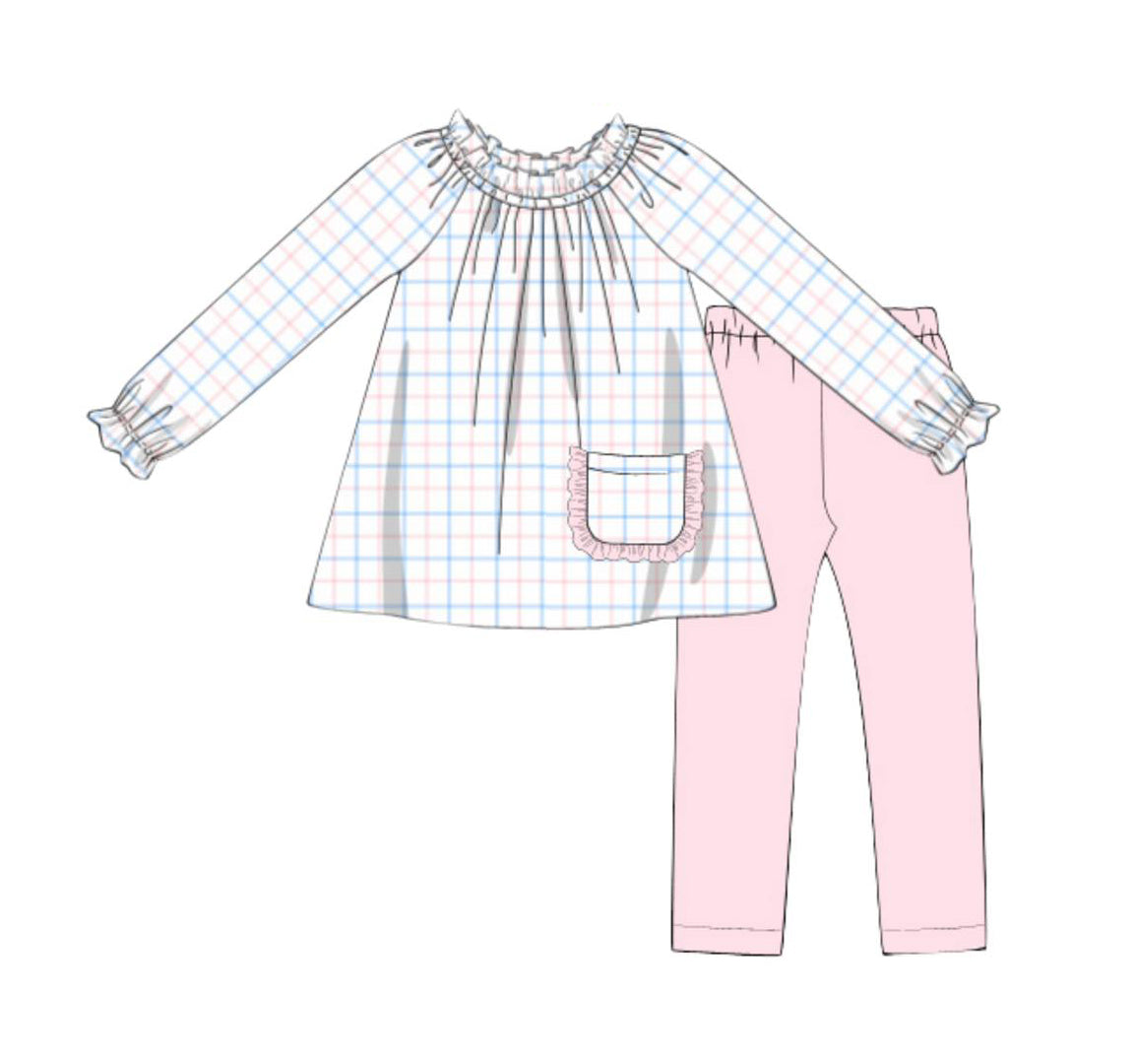 Long sleeves plaid pocket top pink leggings girls clothes