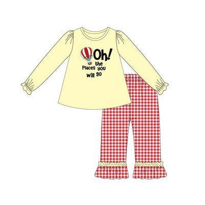 Yellow hot air plane cat hat top plaid pants girls clothing