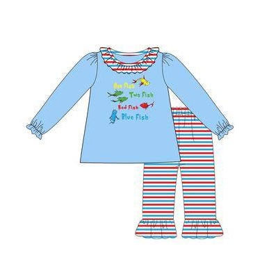 Blue fish cat hat top stripe pants girls clothing set