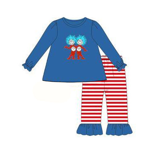 Blue cat hat top red stripe ruffle pants girls clothing set