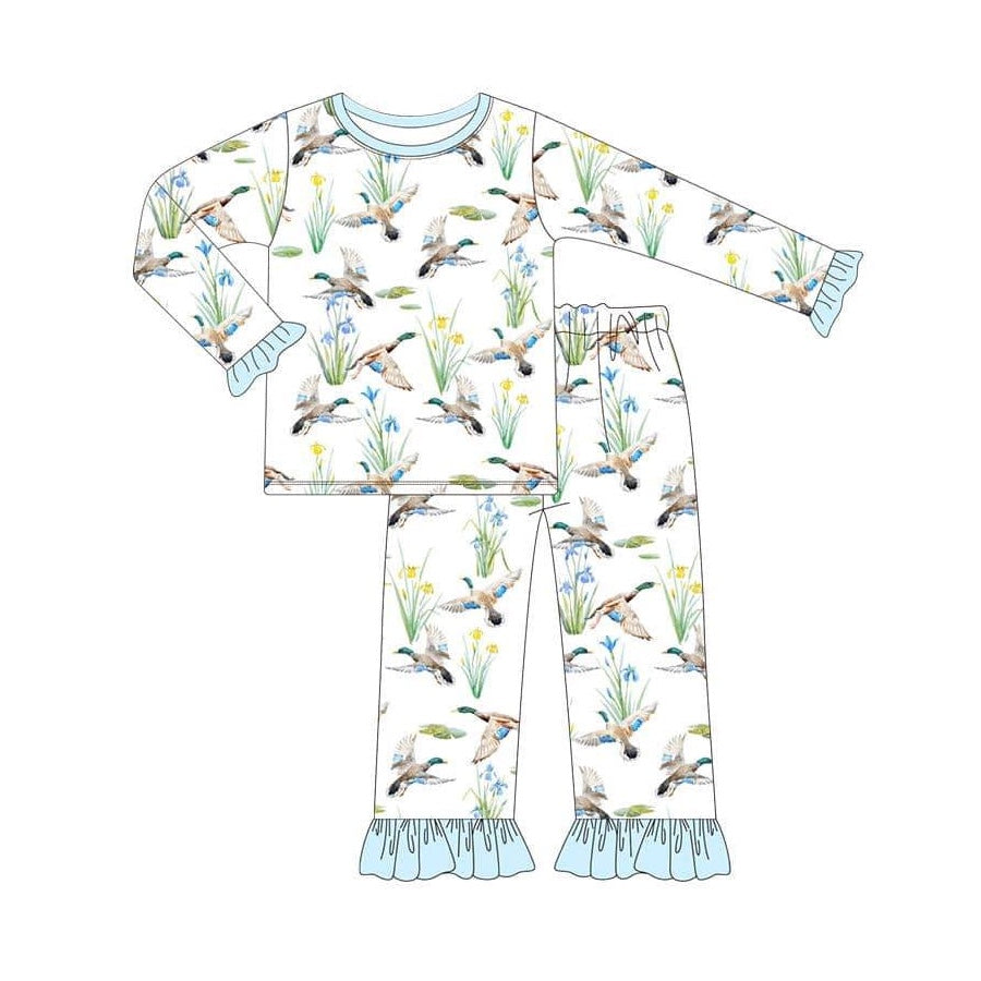 Ruffle long sleeves duck hunting girls pajamas