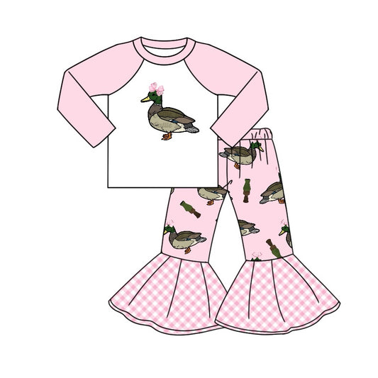 Long sleeves pink bow duck raglan pants girls clothing