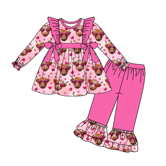 Highland cow heart bow tunic pants girls valentine's outfits