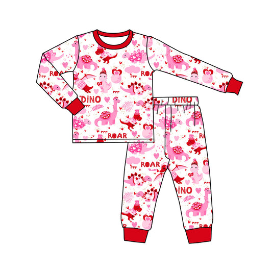 Long sleeves pink heart dinosaur kids girls Valentine's pajamas