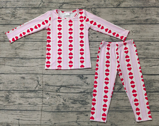 White pink stripe heart kids girls valentine's day pajamas