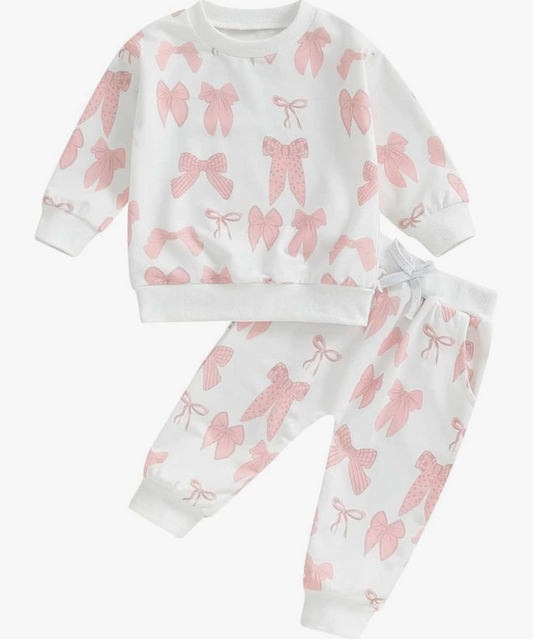 Long sleeves pink bow top pants girls clothing set