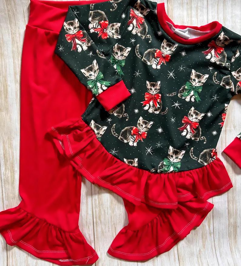 Red green bow cat ruffle top pants girls clothing