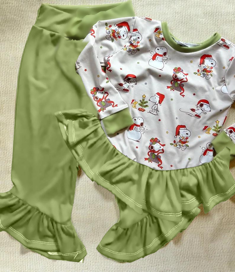 Green ruffle dog Christmas gift top pants girls clothes