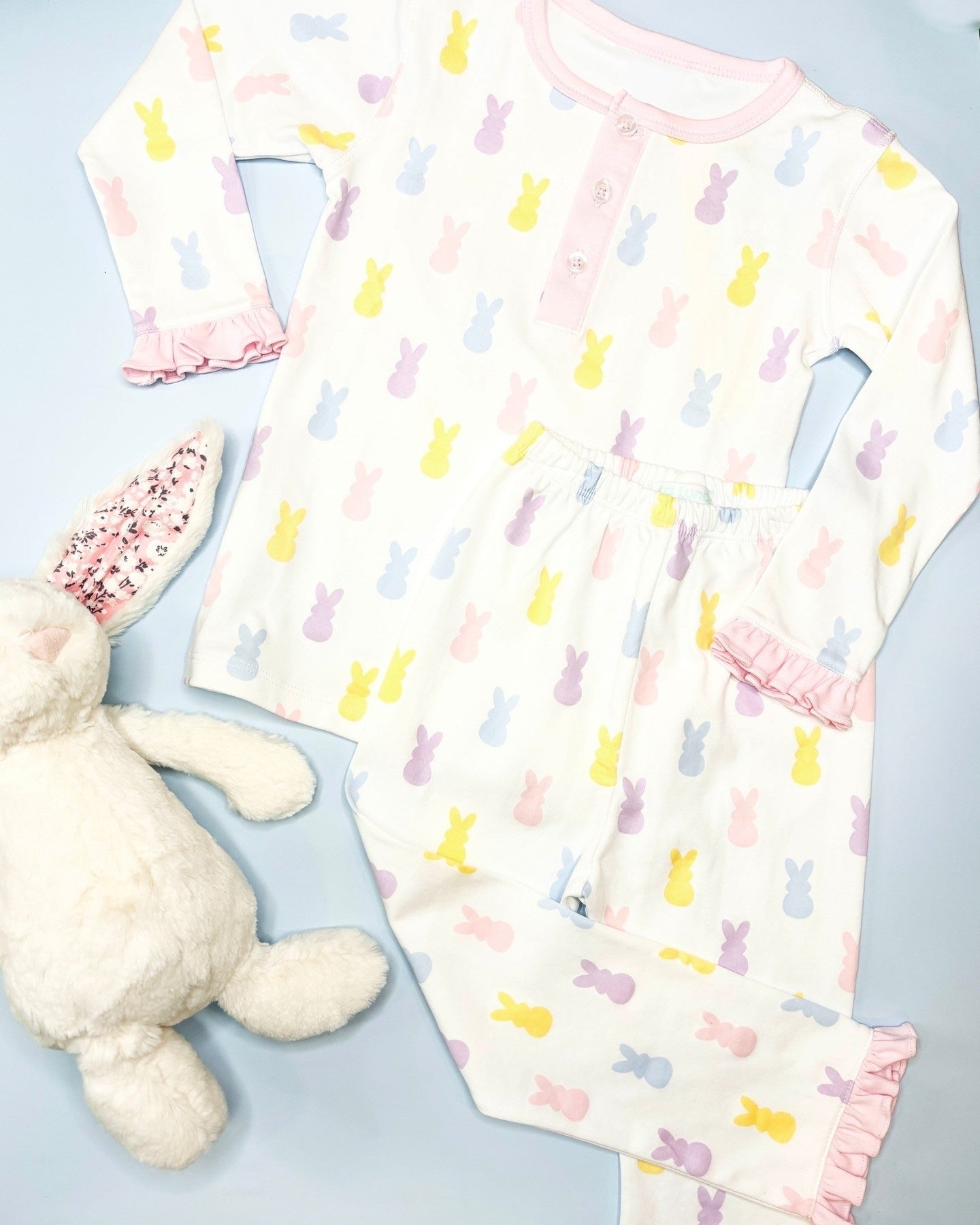 Pink ruffle long sleeves bunny kids girls Easter pajamas