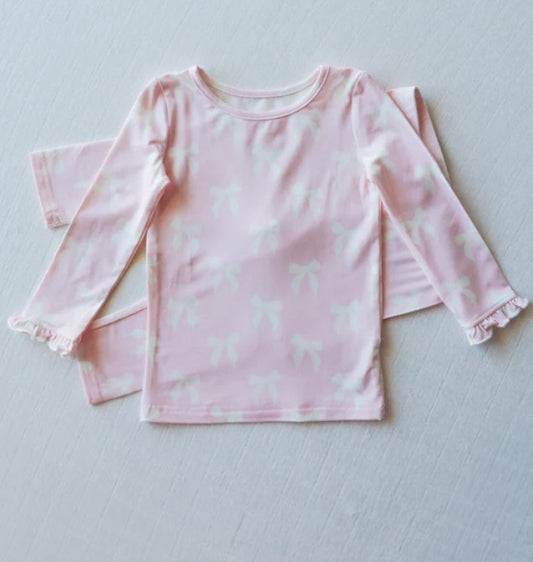 Pink ruffle long sleeves bow kids girls pajamas