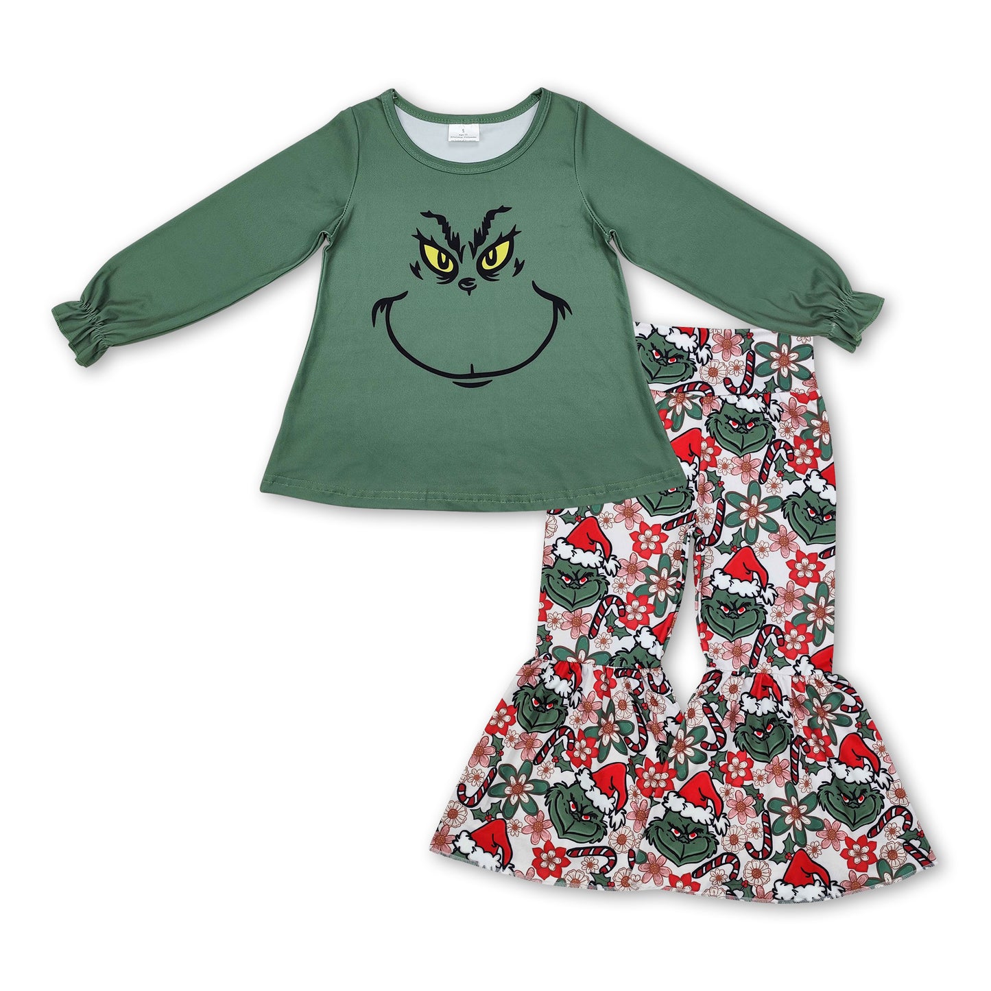 Green face top floral bell bottom pants girls Christmas outfits