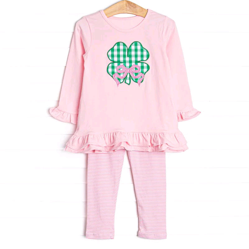 Pink bow shamrock top stripe leggings girls St Patrick's outfits