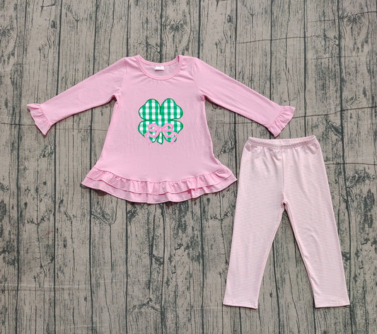 Pink bow shamrock top stripe leggings girls St Patrick's outfits