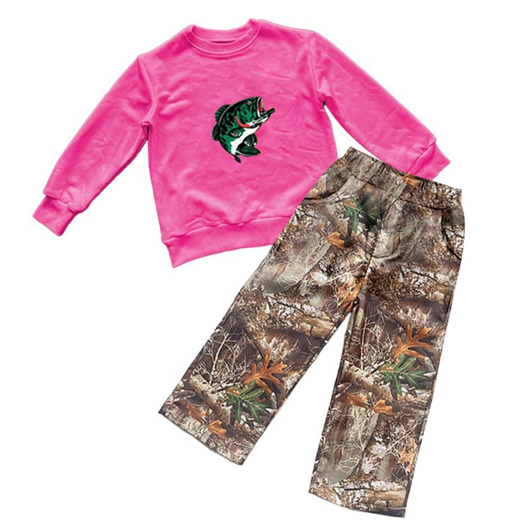 Hot pink fishing long sleeves top camo pants girls clothes