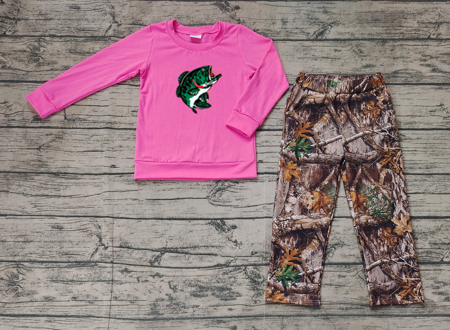 Hot pink fishing long sleeves top camo pants girls clothes