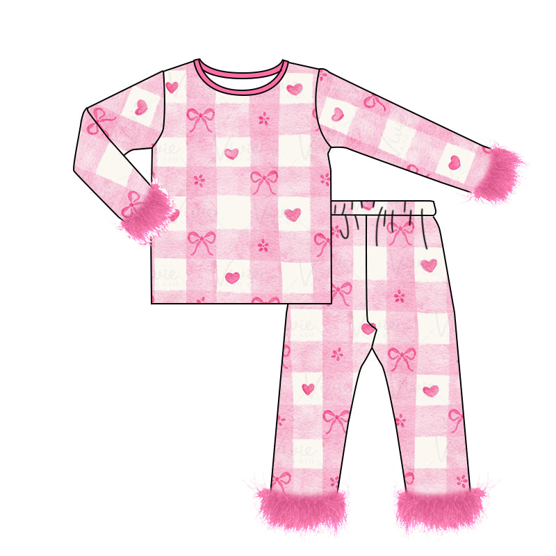 Pink bow heart plaid fur baby girls valentine's pajamas