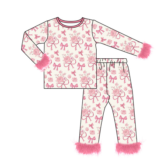 Pink bow floral fur long sleeves baby girls pajamas