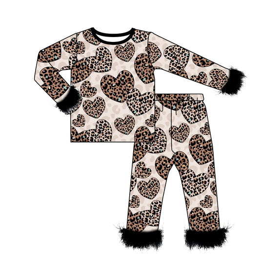 Black fur leopard heart baby girls valentine's pajamas