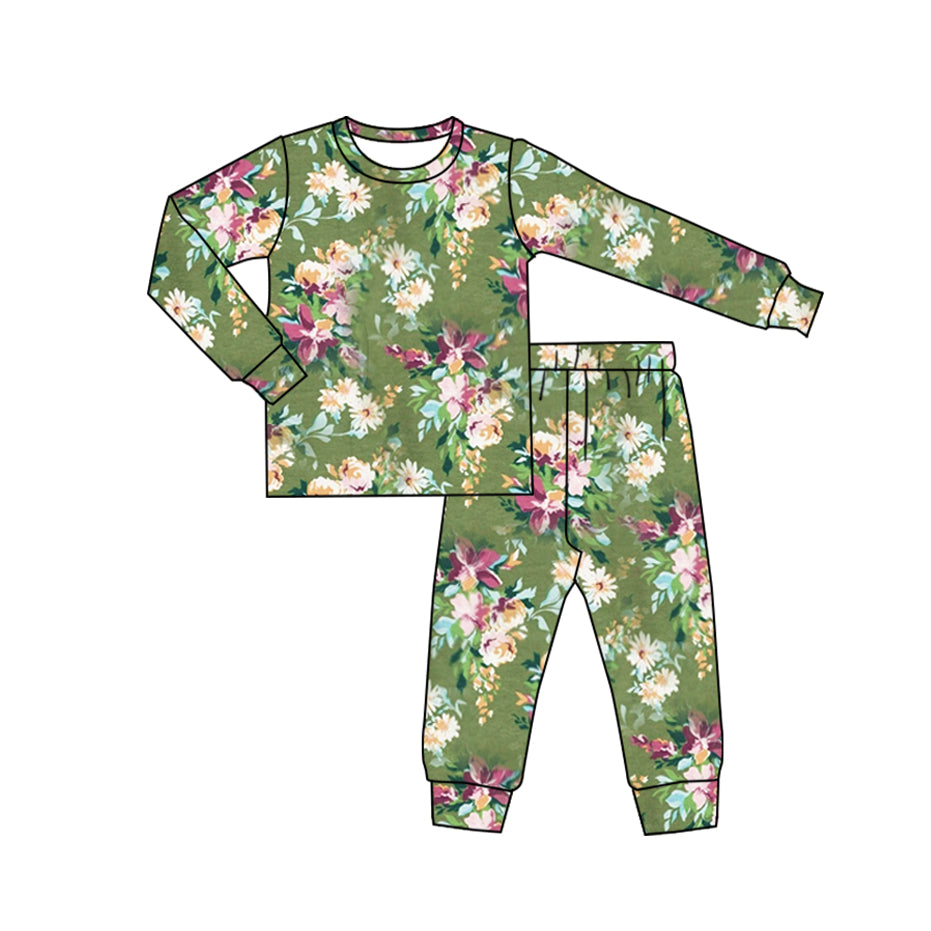 Long sleeves green floral daisy kids girls pajamas