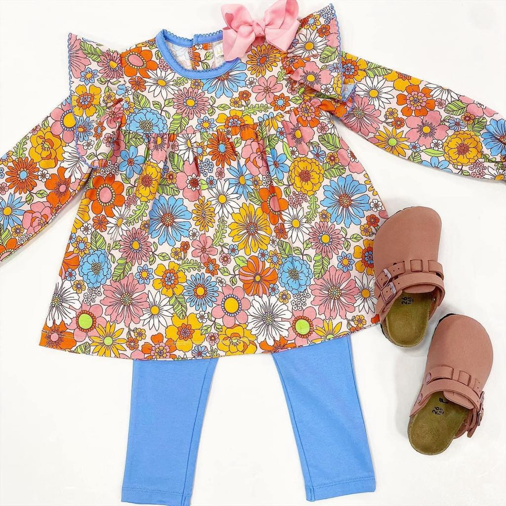 Long sleeves floral tunic light blue leggings girls clothes