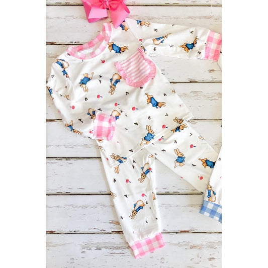 Pink plaid pocket rabbit baby girls Easter pajamas