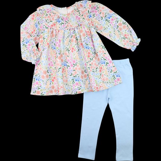 Ruffle long sleeves floral tunic light blue leggings girls clothes