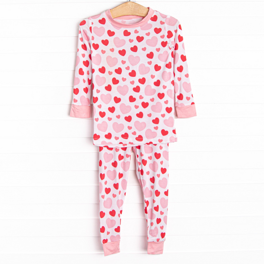 Long sleeves red pink heart kids girls Valentine's pajamas