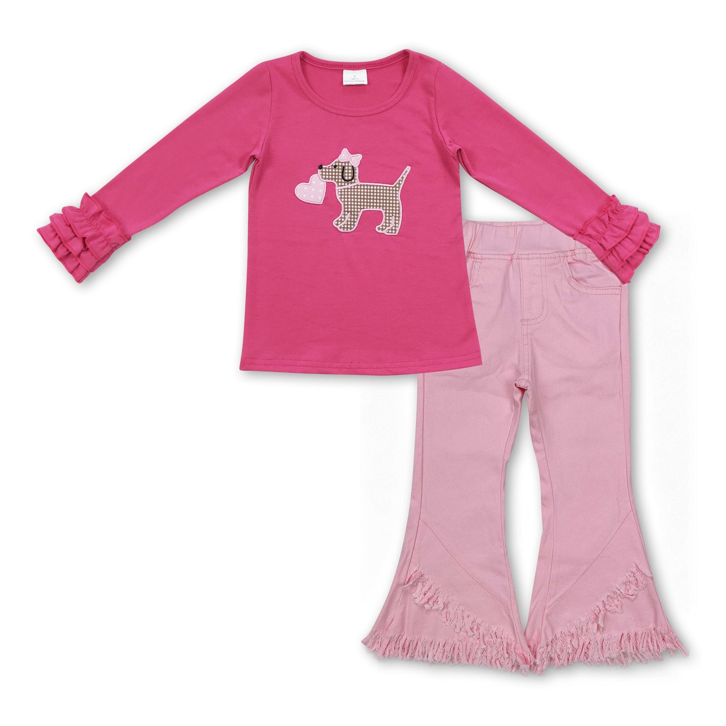 Dog heart embroidery pink tassels jeans girls Valentine's set