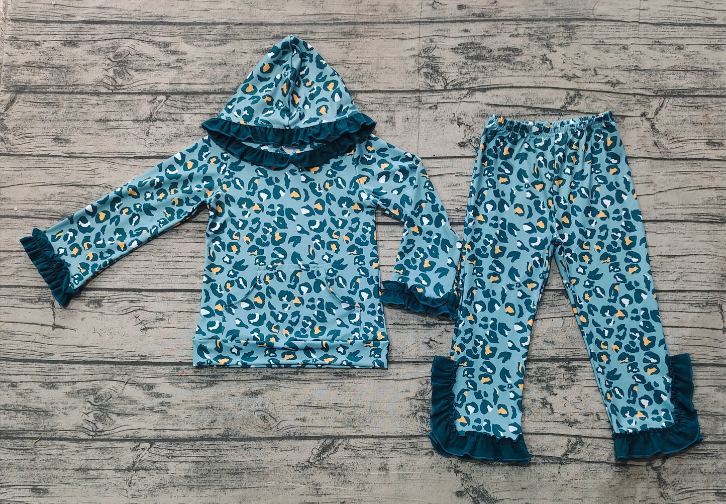 Ruffle long sleeves leopard kids girls pocket hoodie set