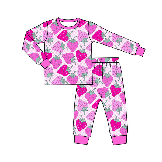 Long sleeves pink strawberry kids girls pajamas