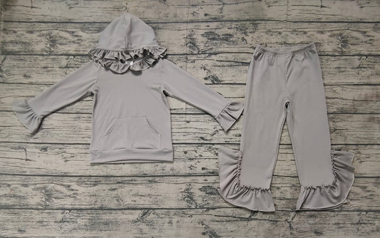 Grey cotton ruffle long sleeves pocket hoodie set