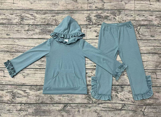 Grey cotton ruffle long sleeves pocket hoodie set