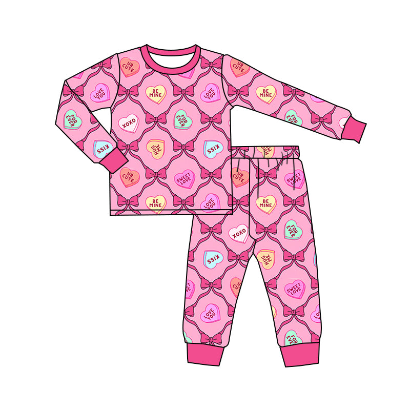 Long sleeves heart bow kids girls valentine's pajamas