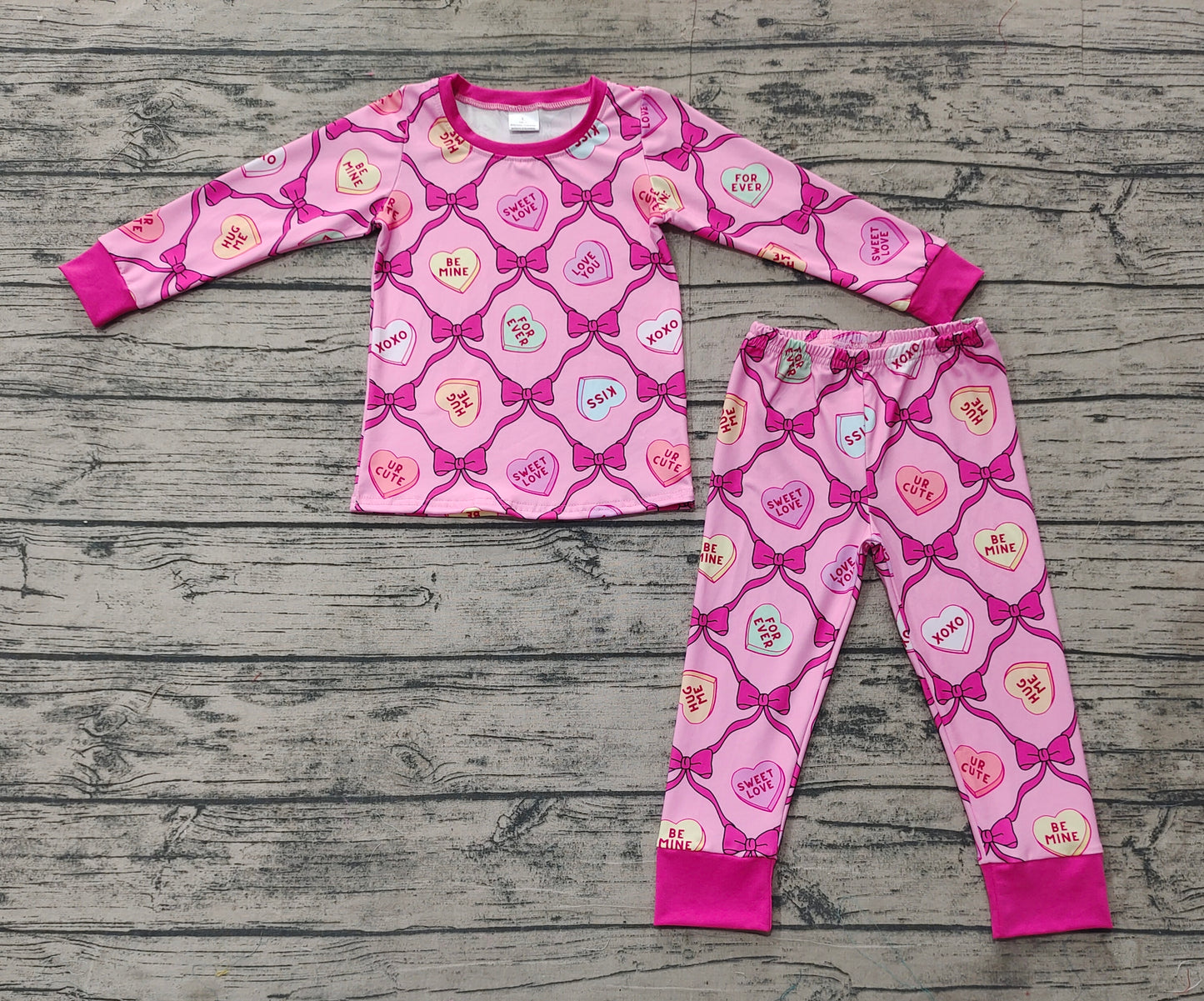 Long sleeves heart bow kids girls valentine's pajamas