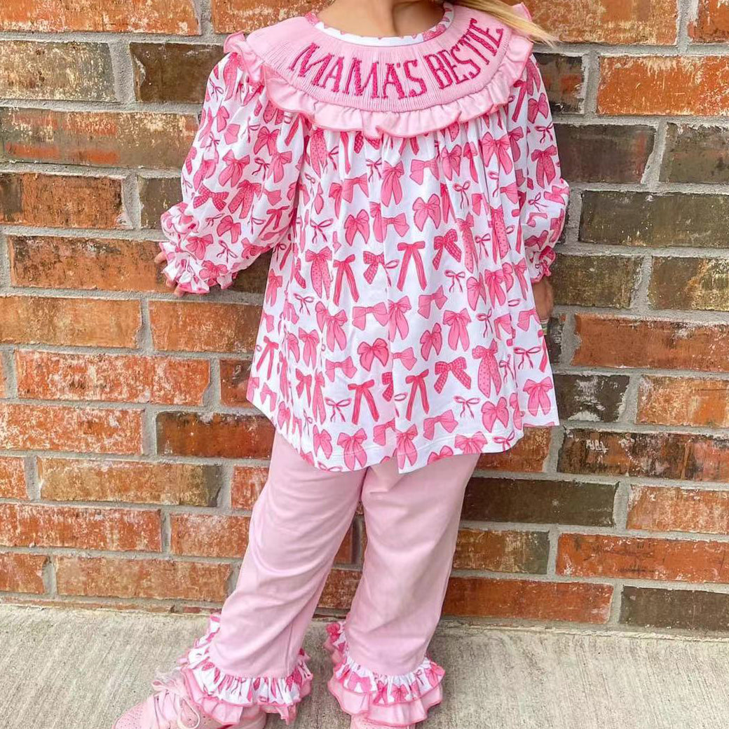 Mama's bestie pink bow tunic ruffle pants girls Valentine's set