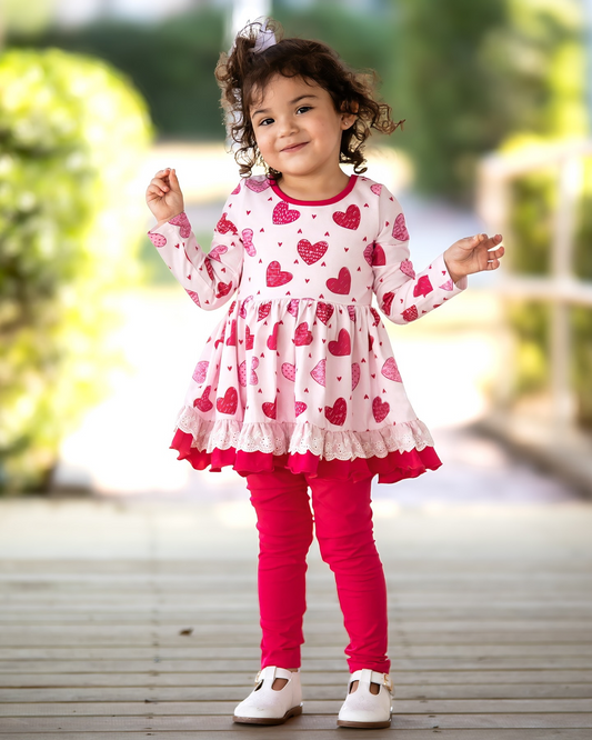 Long sleeves heart ruffle tunic leggings girls Valentine's set